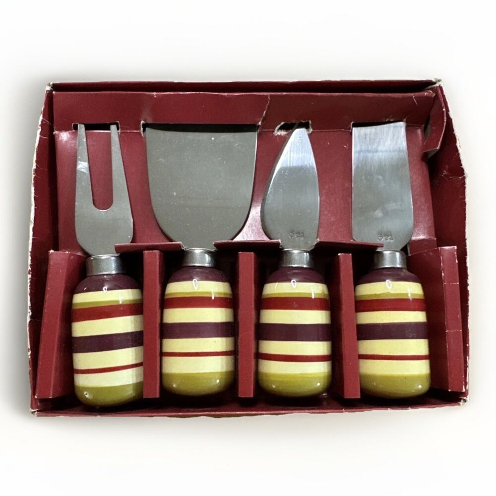 Vintage Tag Cheese Knife Set 4 Pc Retro Yellow Cream Striped Charcuterie Board